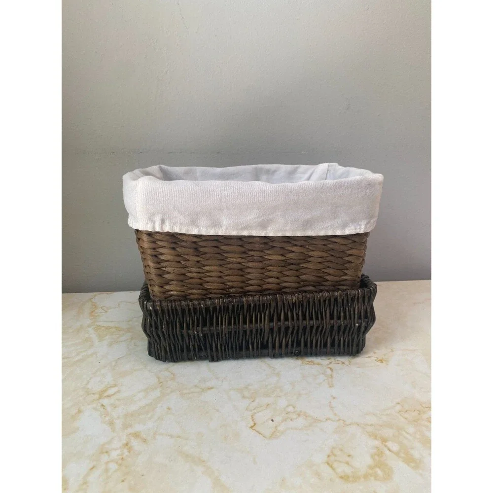 Set of 2 Vintage Cottagecore Dark Brown Wicker Basket Rattan, Linen/Cotton lined